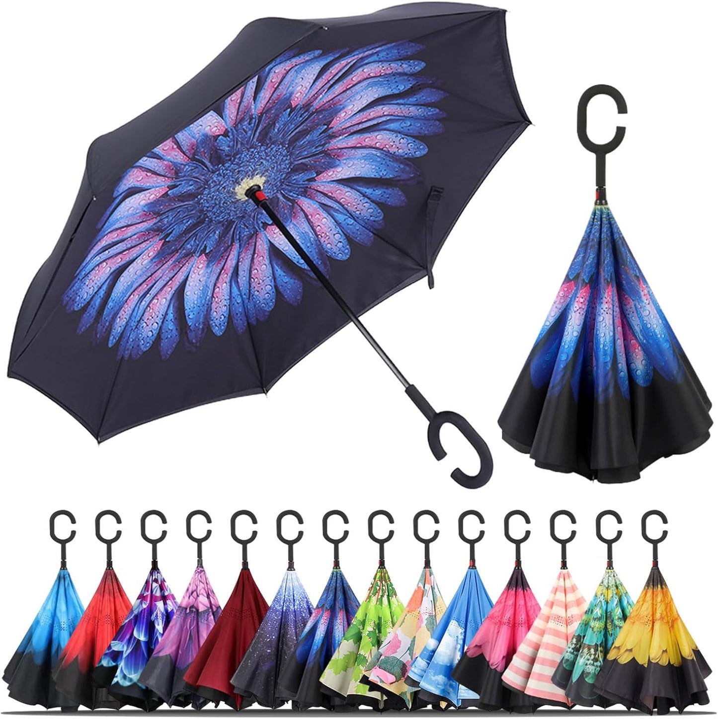 Windproof Inverted Umbrella, Large Reverse Umbrellas for Rain with C-Shaped Handle Big Upside down inside Out Umbrella for Women & Men