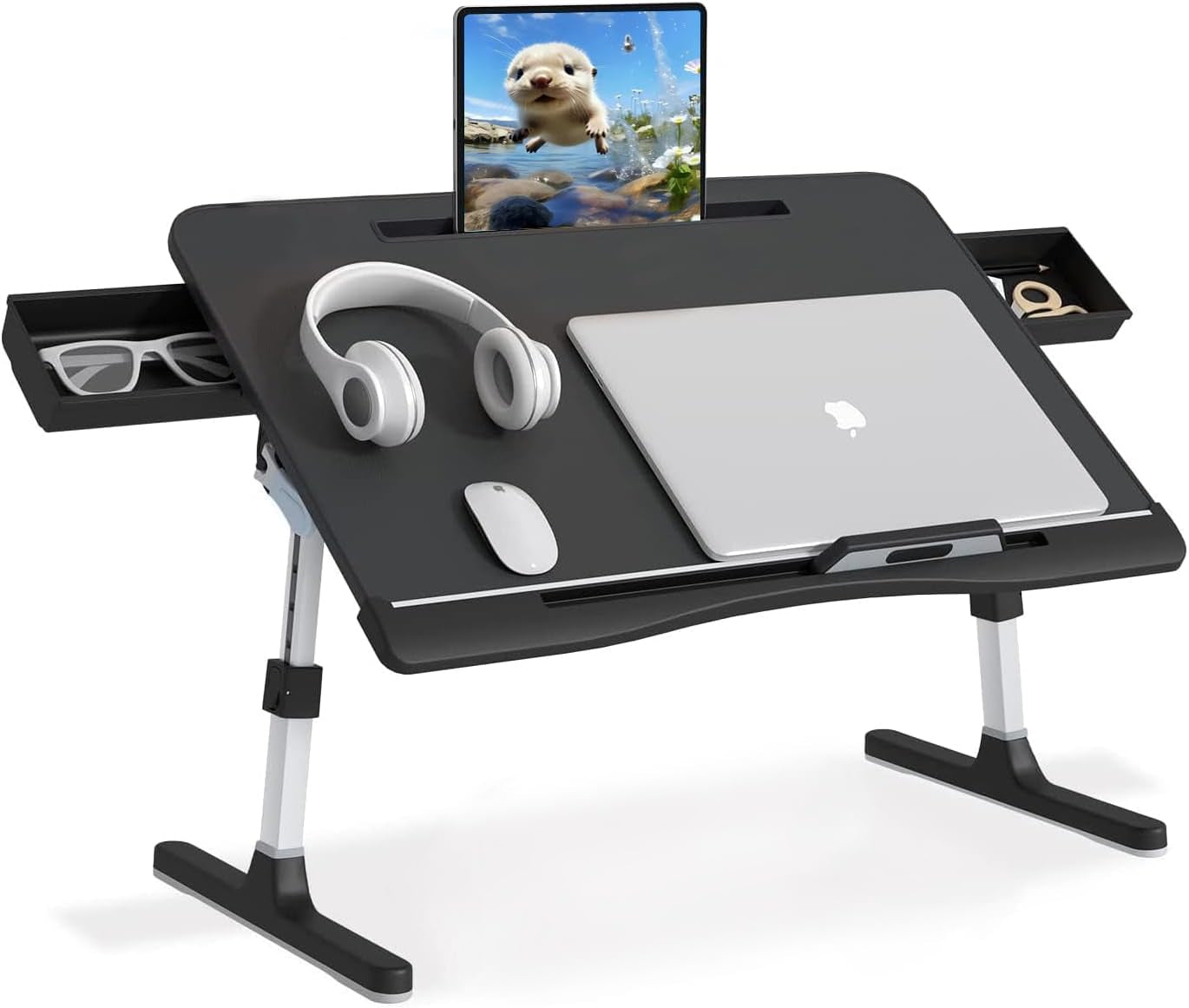 Laptop Des for Bed, Lap Dess Trays with Double Storage Drawers, Adjustable Premium Leather Laptop Stand with Extra Drawstring Bag, Foldable Lap Table for Eating, Woring, Writing and Drawing