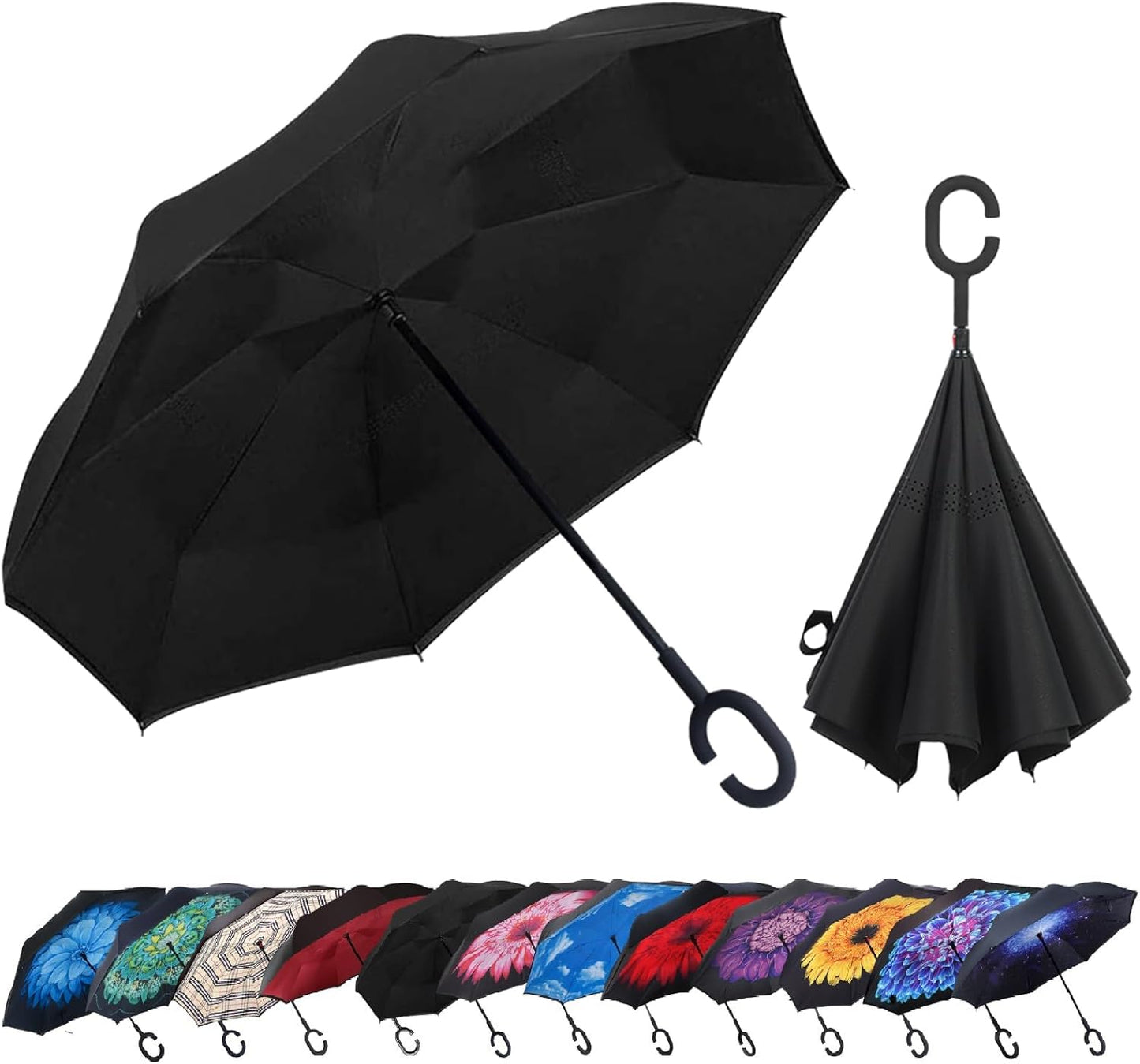 Windproof Inverted Umbrella, Large Reverse Umbrellas for Rain with C-Shaped Handle Big Upside down inside Out Umbrella for Women & Men