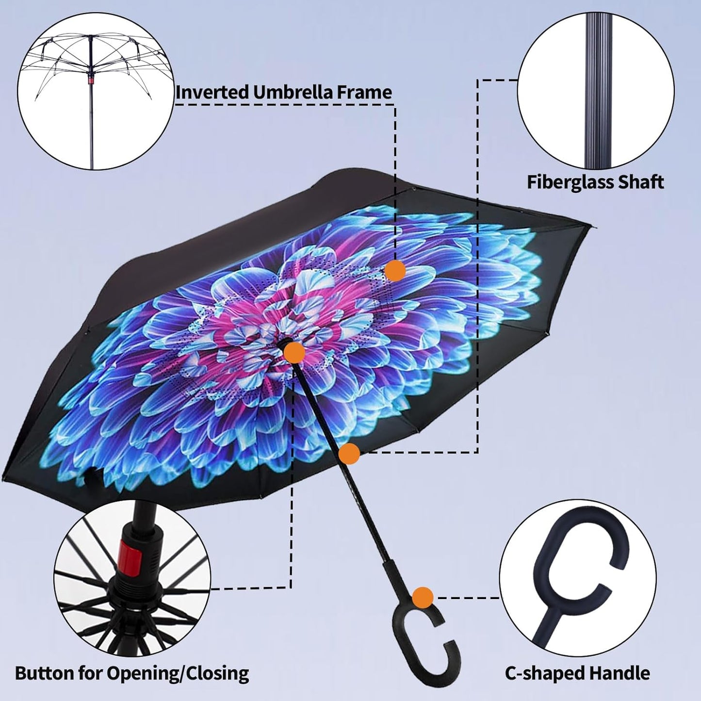Windproof Inverted Umbrella, Large Reverse Umbrellas for Rain with C-Shaped Handle Big Upside down inside Out Umbrella for Women & Men