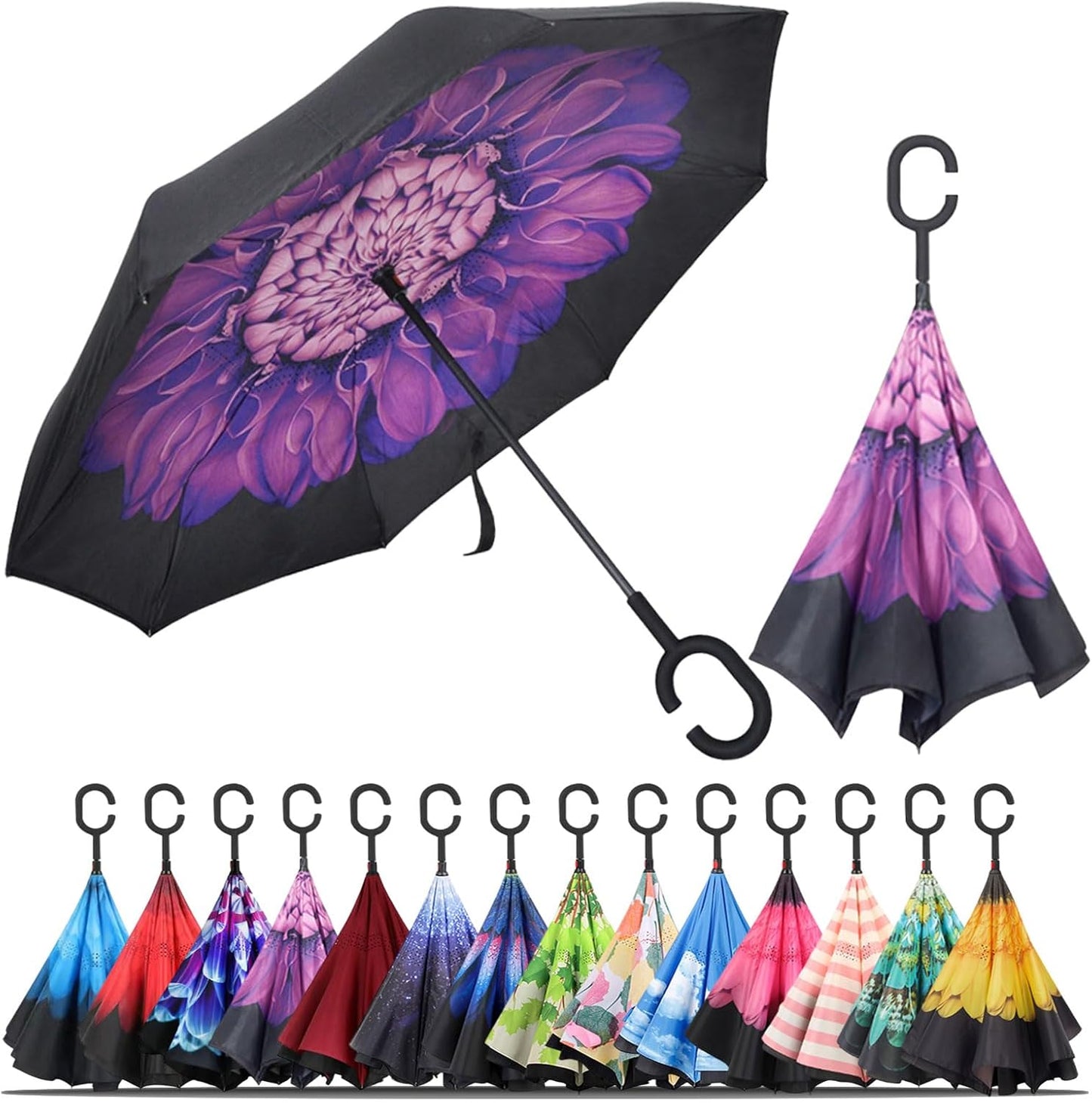 Windproof Inverted Umbrella, Large Reverse Umbrellas for Rain with C-Shaped Handle Big Upside down inside Out Umbrella for Women & Men