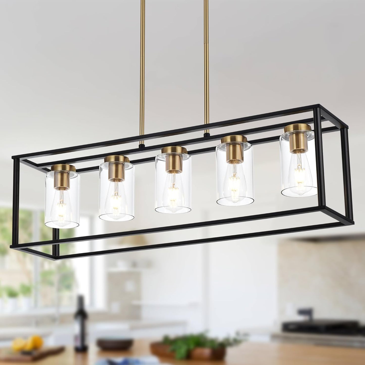 1 Light Farmhouse Pendant Lighting Black Cage Chandelier Glass Shade Contemporary Modern Kitchen Island Lights Fixtures Ceiling Hanging Dining Room Living Room
