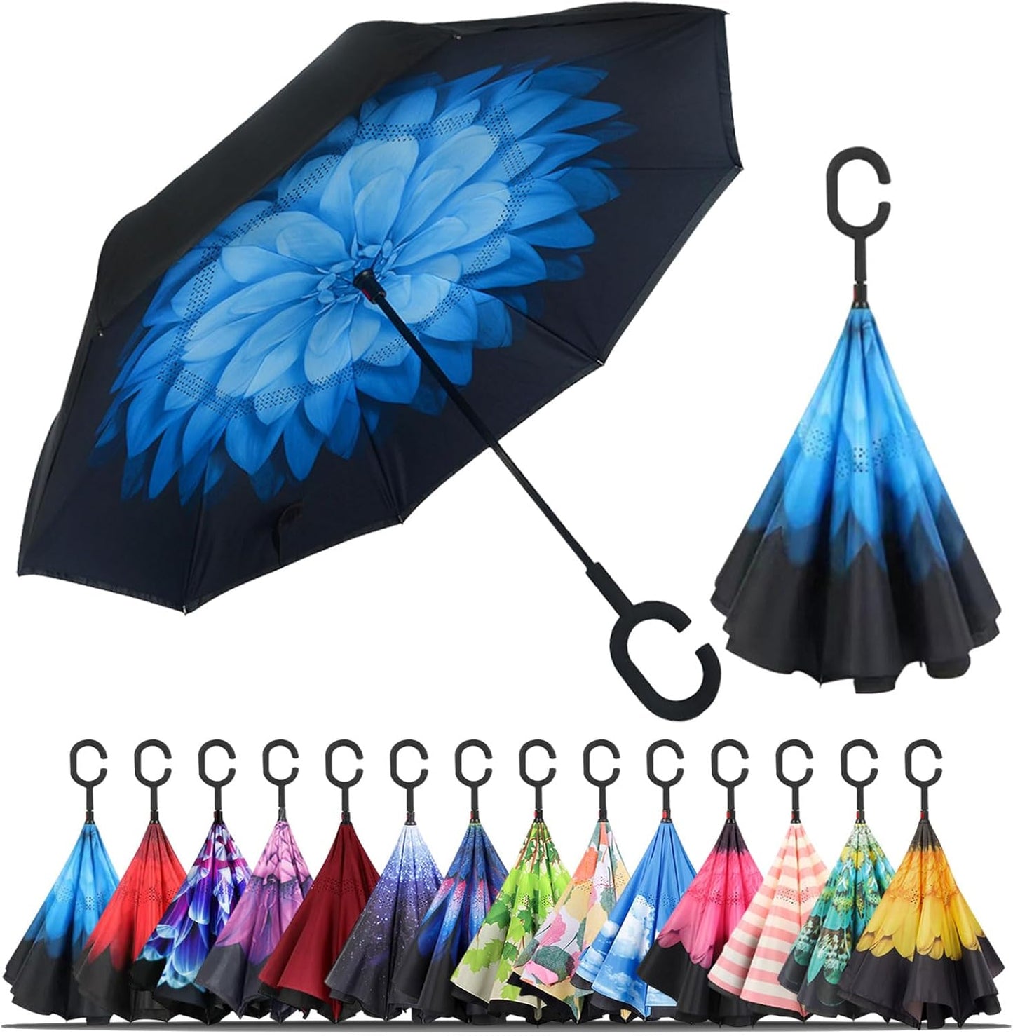 Windproof Inverted Umbrella, Large Reverse Umbrellas for Rain with C-Shaped Handle Big Upside down inside Out Umbrella for Women & Men
