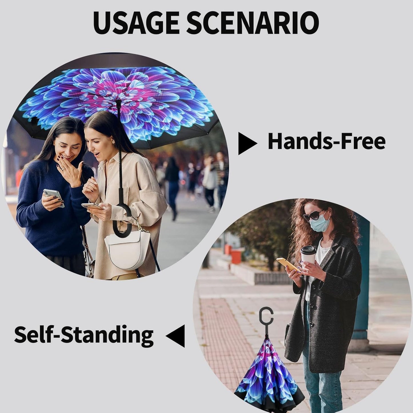Windproof Inverted Umbrella, Large Reverse Umbrellas for Rain with C-Shaped Handle Big Upside down inside Out Umbrella for Women & Men