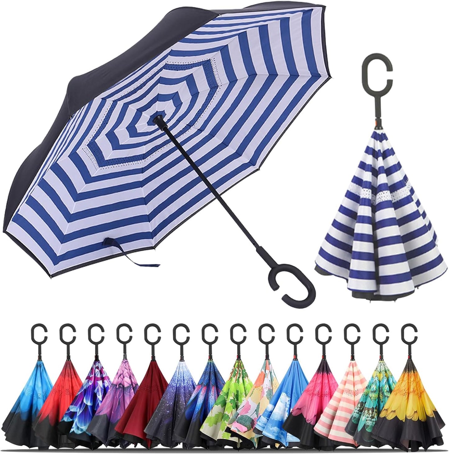 Windproof Inverted Umbrella, Large Reverse Umbrellas for Rain with C-Shaped Handle Big Upside down inside Out Umbrella for Women & Men