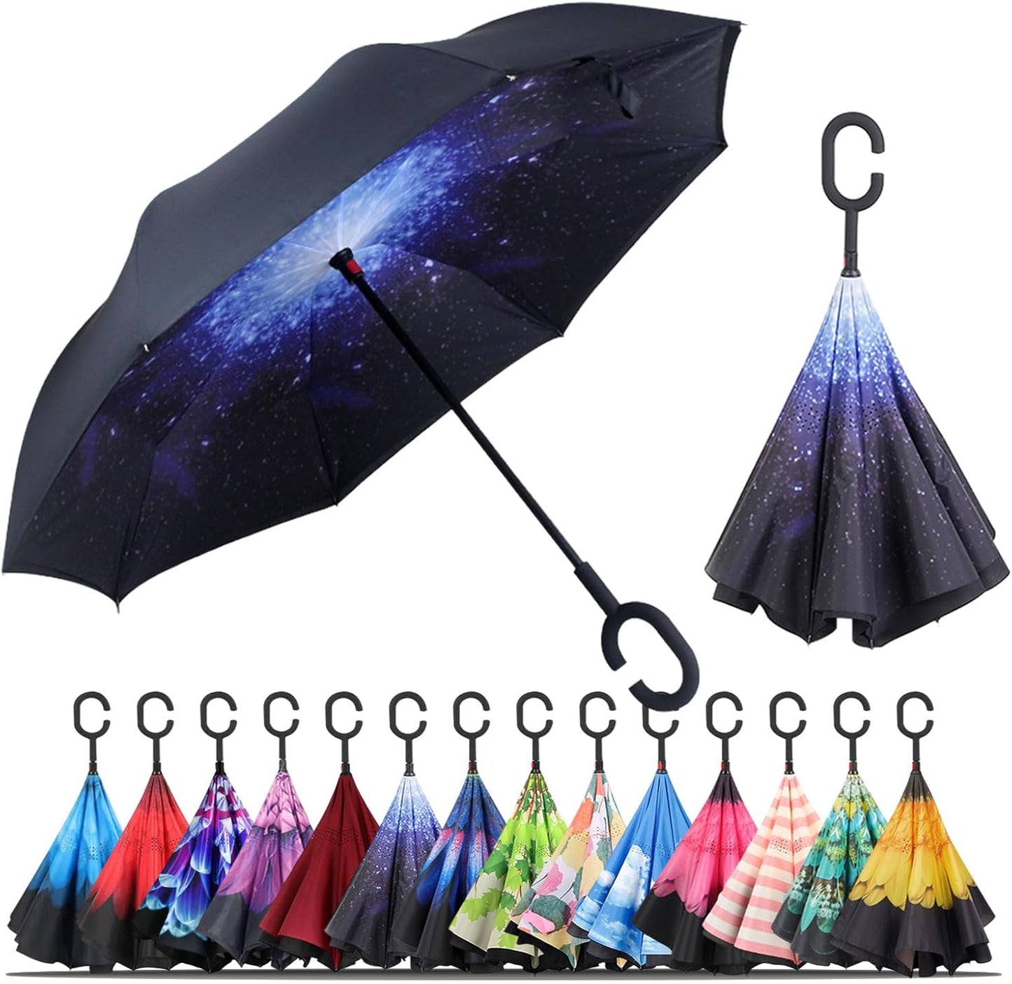 Windproof Inverted Umbrella, Large Reverse Umbrellas for Rain with C-Shaped Handle Big Upside down inside Out Umbrella for Women & Men