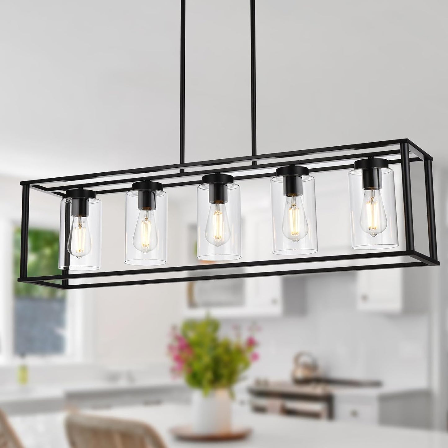 1 Light Farmhouse Pendant Lighting Black Cage Chandelier Glass Shade Contemporary Modern Kitchen Island Lights Fixtures Ceiling Hanging Dining Room Living Room