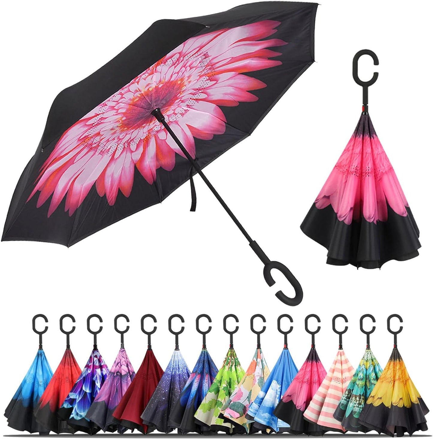 Windproof Inverted Umbrella, Large Reverse Umbrellas for Rain with C-Shaped Handle Big Upside down inside Out Umbrella for Women & Men