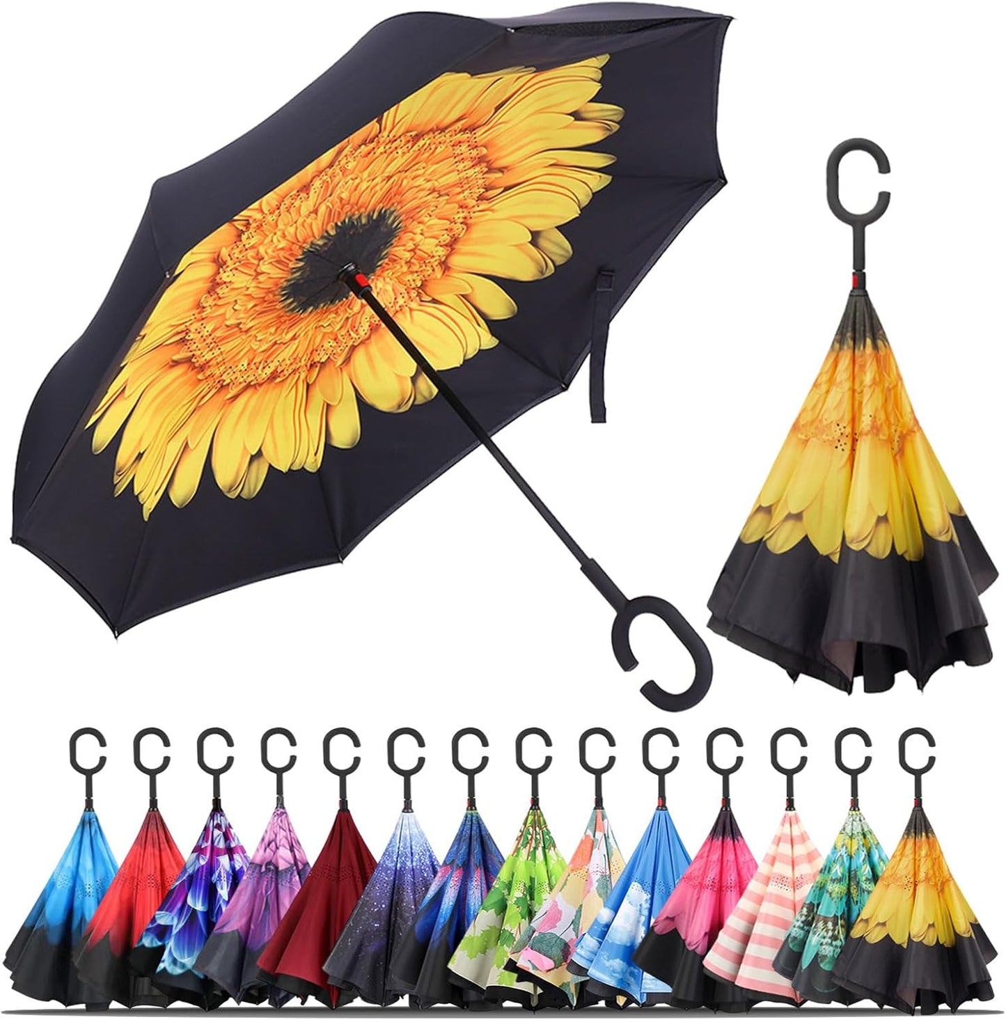 Windproof Inverted Umbrella, Large Reverse Umbrellas for Rain with C-Shaped Handle Big Upside down inside Out Umbrella for Women & Men