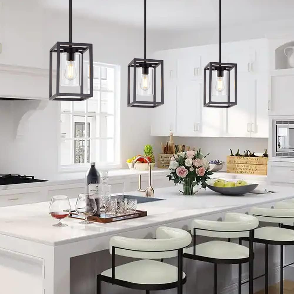 1 Light Farmhouse Pendant Lighting Black Cage Chandelier Glass Shade Contemporary Modern Kitchen Island Lights Fixtures Ceiling Hanging Dining Room Living Room