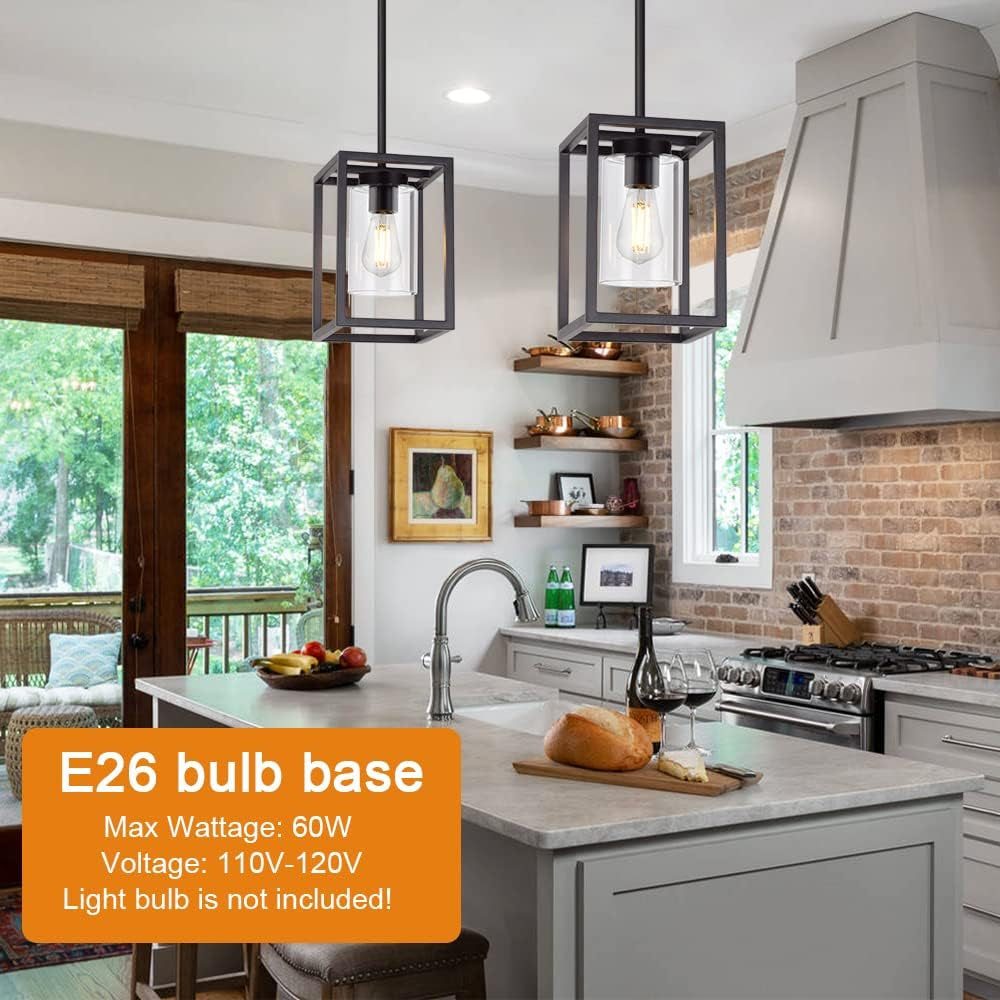 1 Light Farmhouse Pendant Lighting Black Cage Chandelier Glass Shade Contemporary Modern Kitchen Island Lights Fixtures Ceiling Hanging Dining Room Living Room