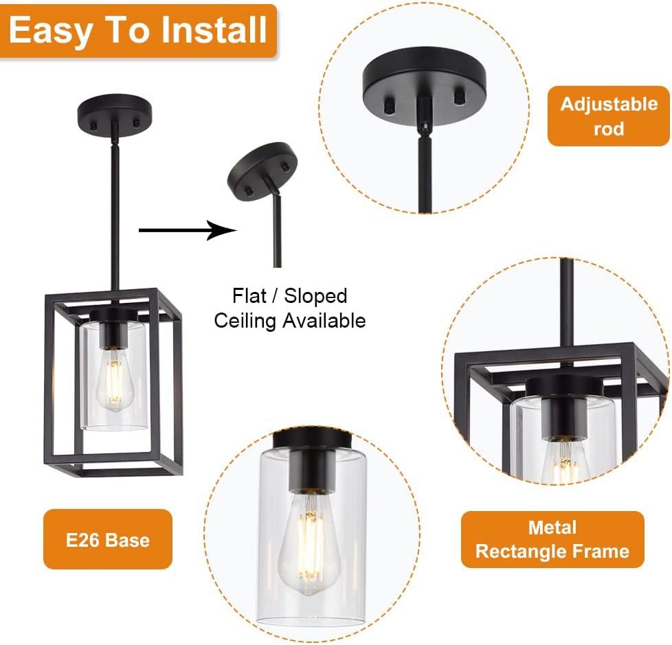1 Light Farmhouse Pendant Lighting Black Cage Chandelier Glass Shade Contemporary Modern Kitchen Island Lights Fixtures Ceiling Hanging Dining Room Living Room
