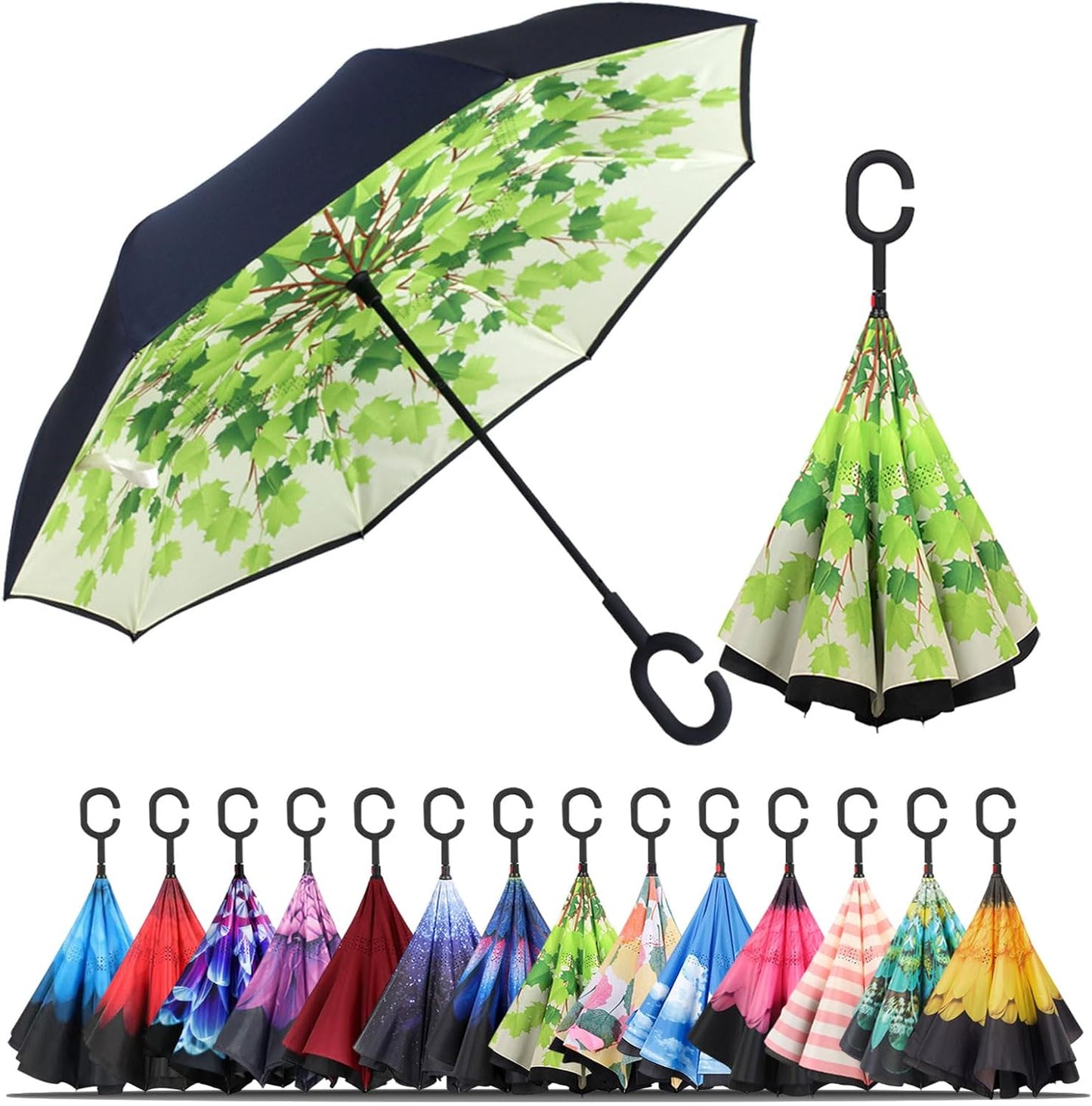 Windproof Inverted Umbrella, Large Reverse Umbrellas for Rain with C-Shaped Handle Big Upside down inside Out Umbrella for Women & Men