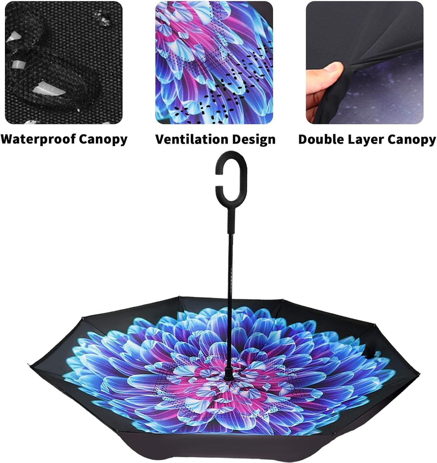Windproof Inverted Umbrella, Large Reverse Umbrellas for Rain with C-Shaped Handle Big Upside down inside Out Umbrella for Women & Men