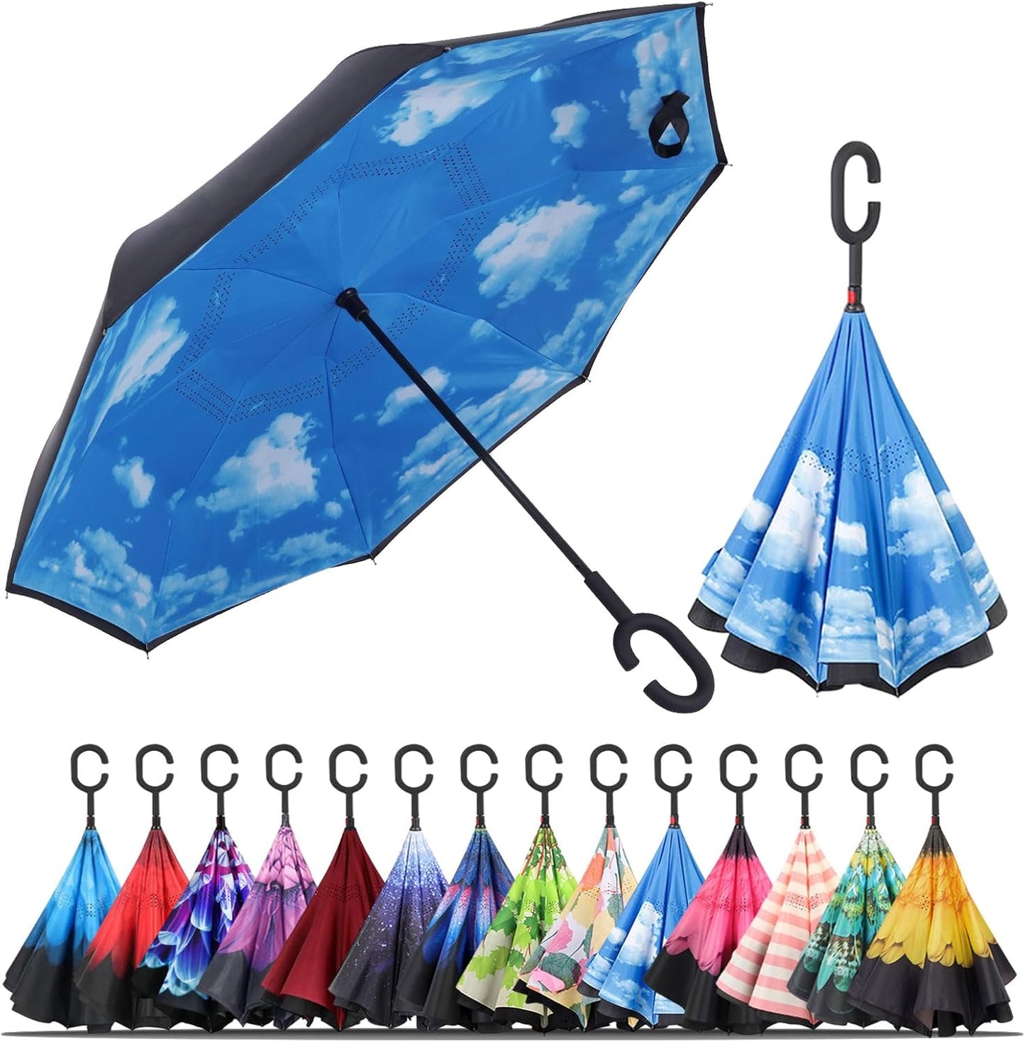 Windproof Inverted Umbrella, Large Reverse Umbrellas for Rain with C-Shaped Handle Big Upside down inside Out Umbrella for Women & Men