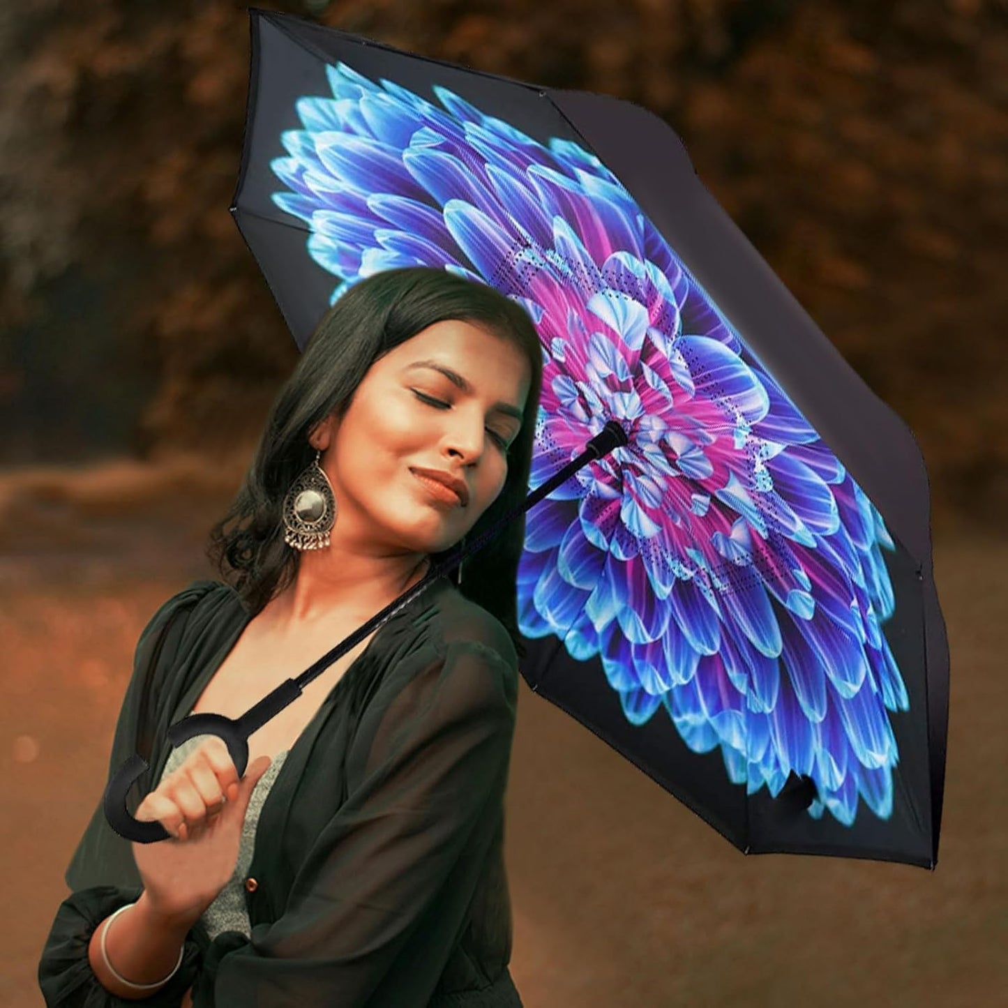Windproof Inverted Umbrella, Large Reverse Umbrellas for Rain with C-Shaped Handle Big Upside down inside Out Umbrella for Women & Men