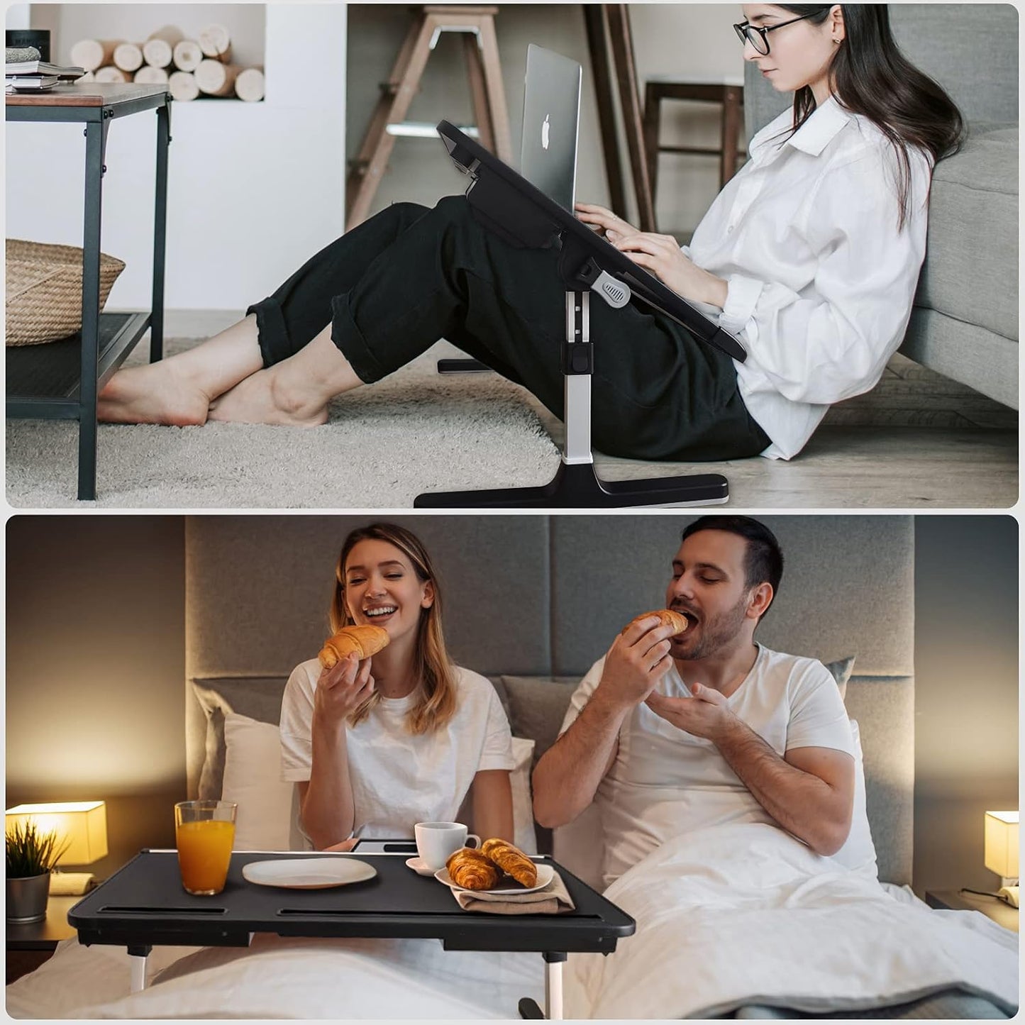 Laptop Des for Bed, Lap Dess Trays with Double Storage Drawers, Adjustable Premium Leather Laptop Stand with Extra Drawstring Bag, Foldable Lap Table for Eating, Woring, Writing and Drawing