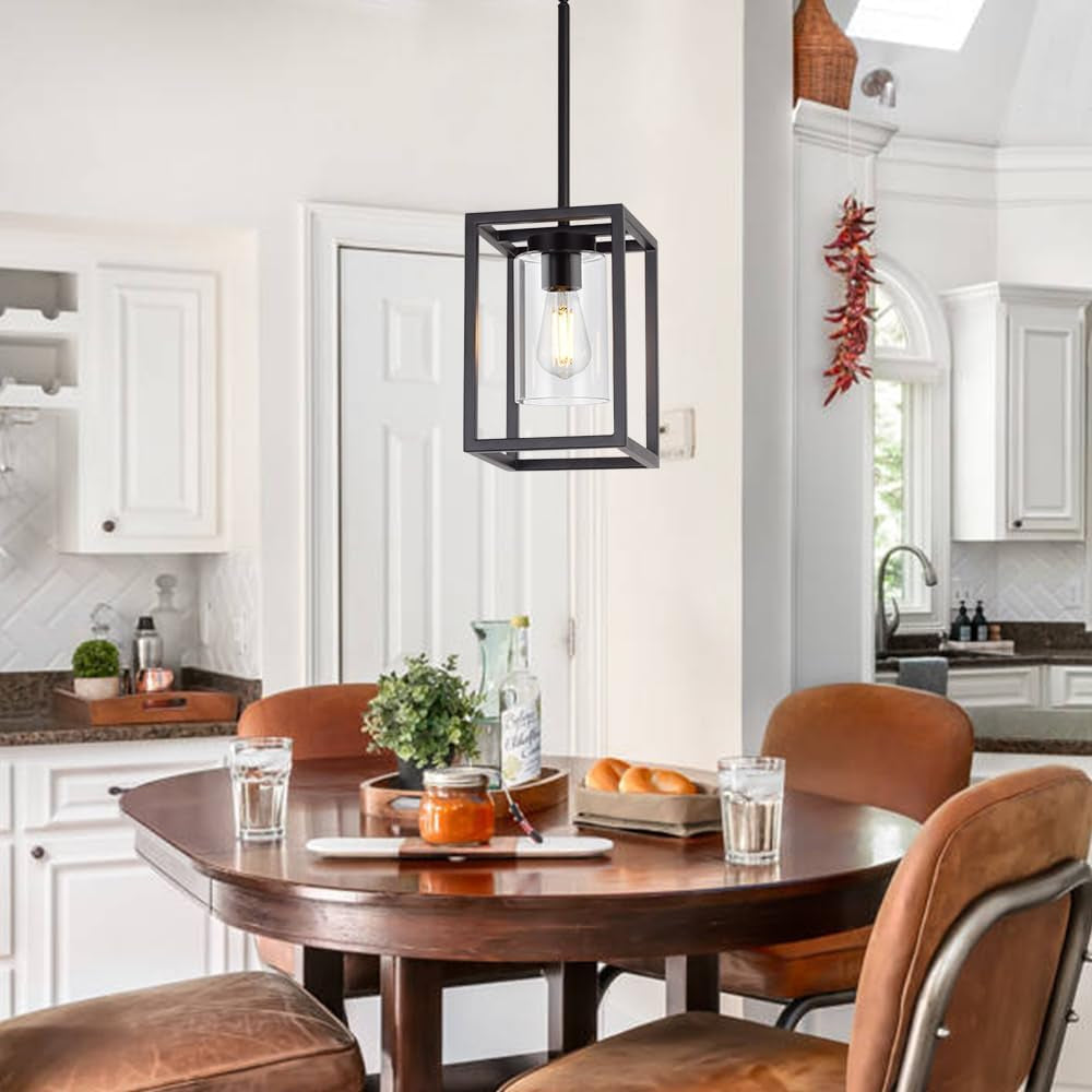 1 Light Farmhouse Pendant Lighting Black Cage Chandelier Glass Shade Contemporary Modern Kitchen Island Lights Fixtures Ceiling Hanging Dining Room Living Room