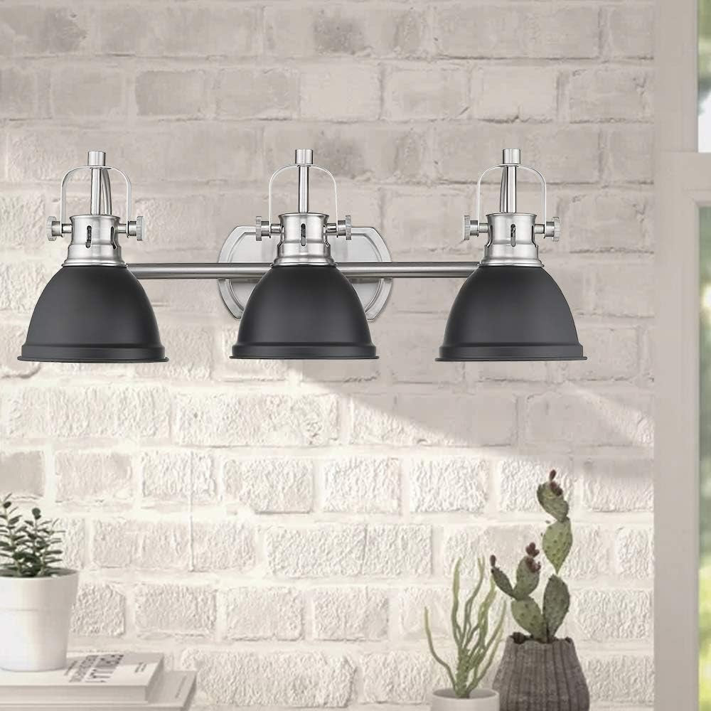 3-Light Bathroom Vanity Light Fixture, Black Finish with Metal Shade, 4054H-A