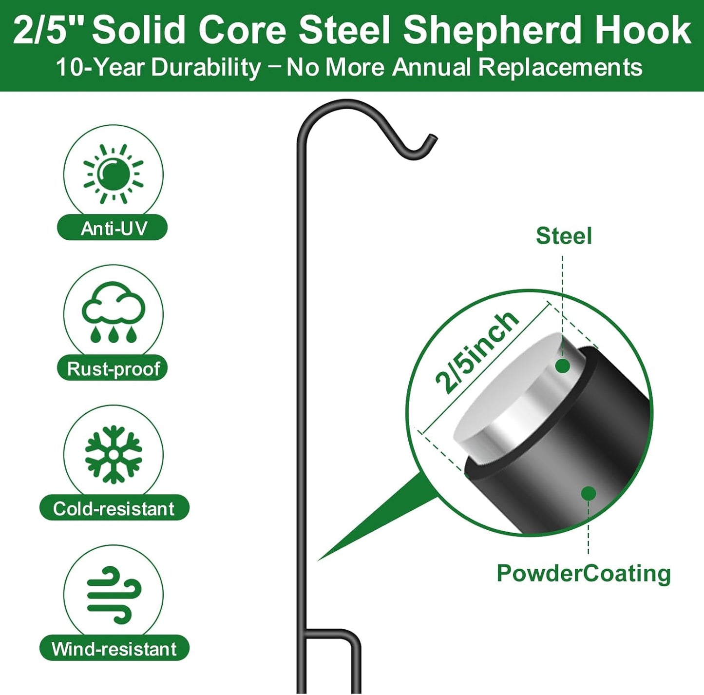 8 Pack Heavy Duty Shepherd Hook for Outdoor 37 Inch One Piece Structure No Assembly Required 2/5 Inch Solid Metal Shepards Hooks for Garden Hanging Plants Hanger Lantern Wedding Black