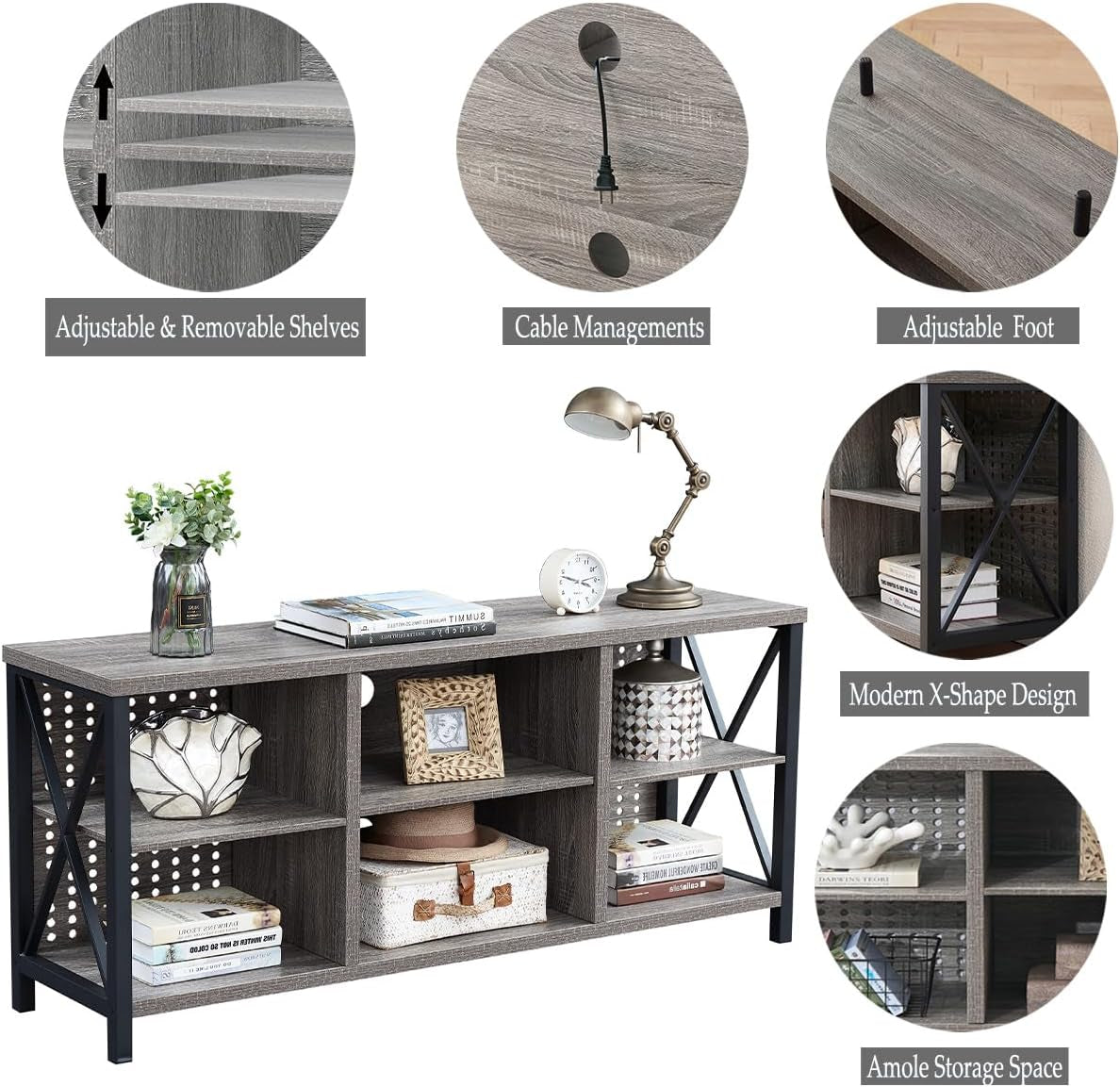 Rustic Entertainment Center for 65 Inch TV, Industrial Wood TV Stand with Media Cabinet Storage, Farmhouse Metal Television Stands Console Table for Home Living Bedroom, Light Grey Oak, 55 Inch