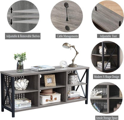 Rustic Entertainment Center for 65 Inch TV, Industrial Wood TV Stand with Media Cabinet Storage, Farmhouse Metal Television Stands Console Table for Home Living Bedroom, Light Grey Oak, 55 Inch
