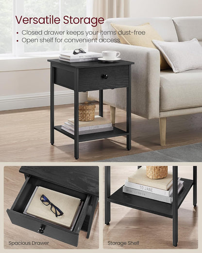 Nightstand, End Table, Side Table with Drawer and Shelf, 15.7 X 15.7 X 21.7 Inches, Bedroom, Steel Frame, Easy Assembly, Modern, Ebony Black ULET055B56