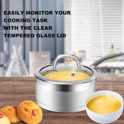 Professional Stainless Steel Sauce Pan with Lid, Kitchen Cookware, Induction Pot with Impact-Bonded Base Technology, 2.5 Quart