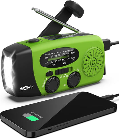 Emergency Hand Crank Radio 7400Mwh with 3 LED Flashlight, AM/FM/NOAA Portable Weather Radio with Power Bank Phone Charger, Solar Powered Rechargeable Radio for Indoor Survival Camping, SOS Alarm