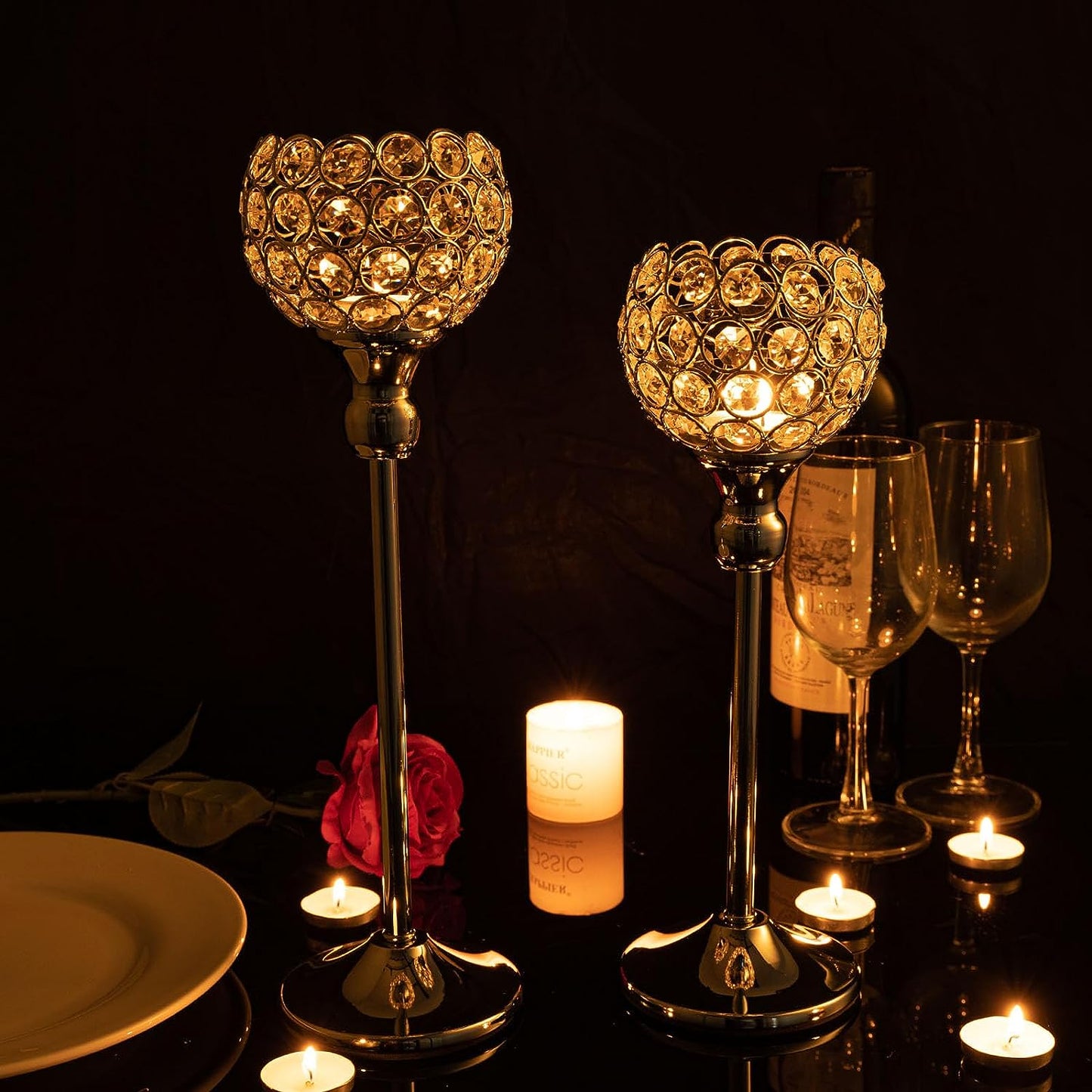 8Packs Candle Holders Bulk Silver Centerpiece Table Decorations,Metal Crystal Candlestick Holders for Wedding Table Party Church Modern Decorative