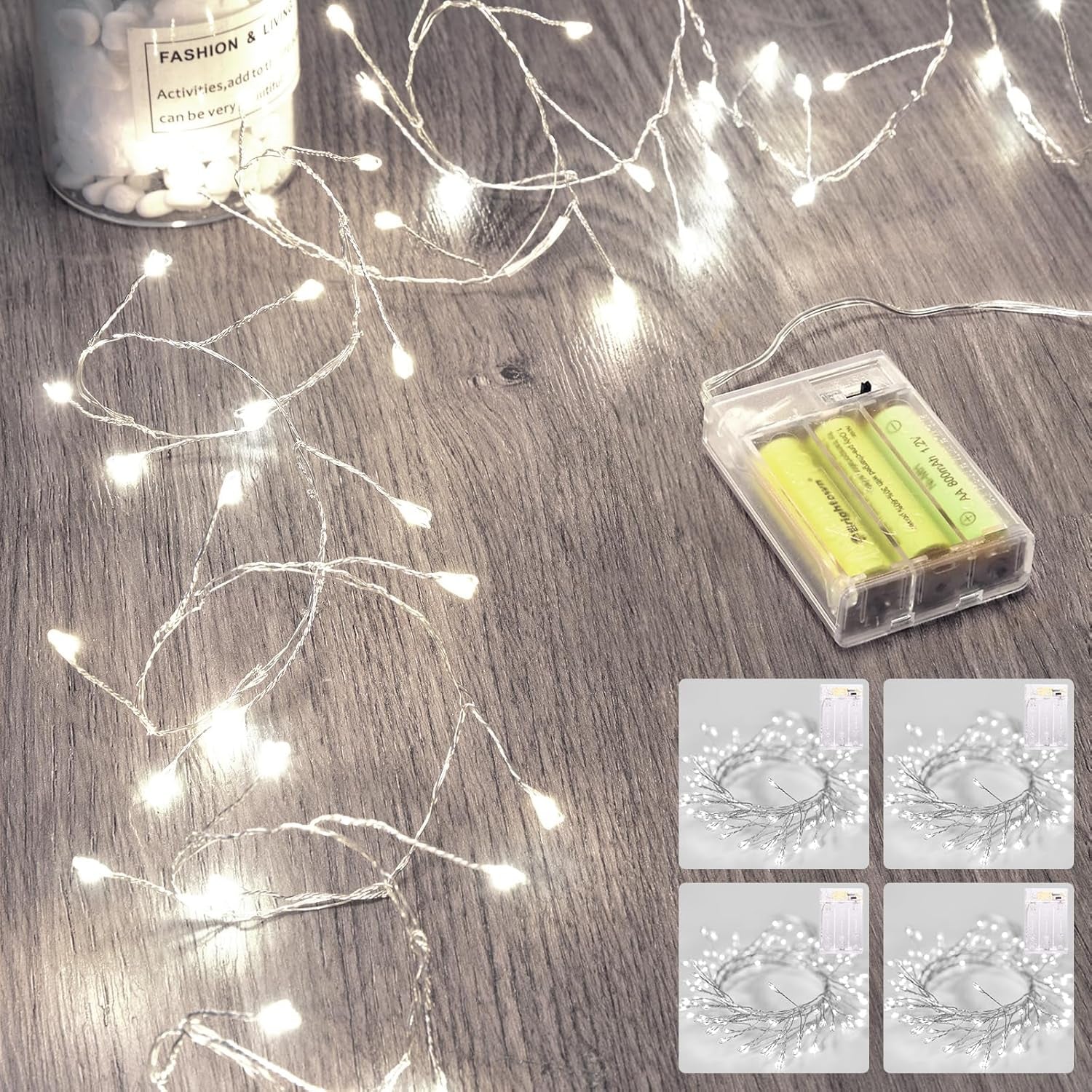 Outdoor Fairy Firecracker Lights Battery Operated, 5 Feet 60 Leds Twinkle String Lights with Remote, 2 Pack Starry Lights for DIY Wreath Wedding Party Bedroom Mason Jar Holiday Christmas, Pure White