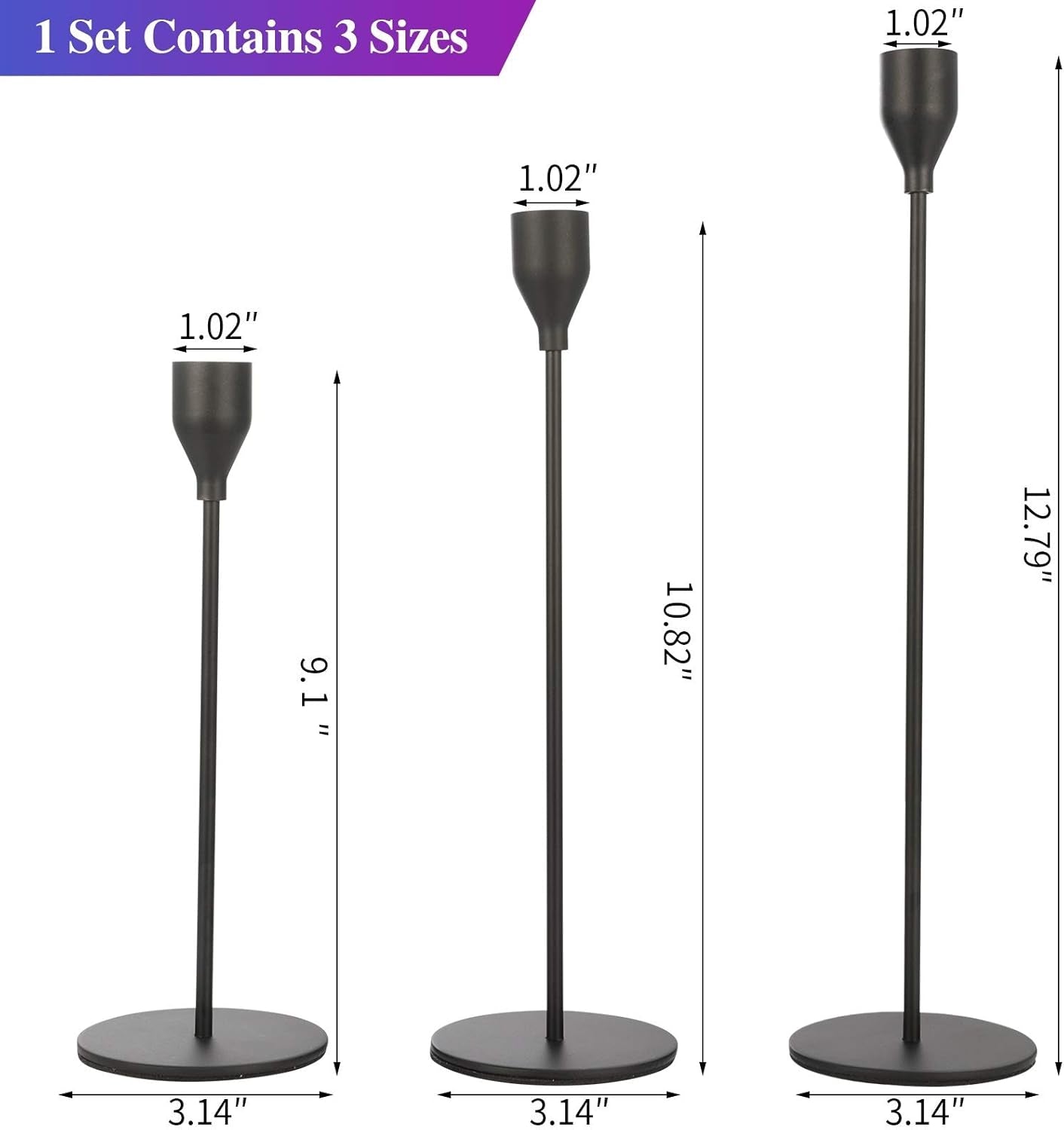 Set of 3 Black Candlestick Holders - Decorative Taper Candle Holders for Home Decor, Wedding, Dining, Party, Anniversary