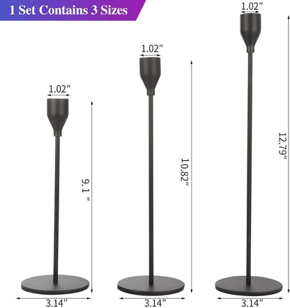 Set of 3 Black Candlestick Holders - Decorative Taper Candle Holders for Home Decor, Wedding, Dining, Party, Anniversary
