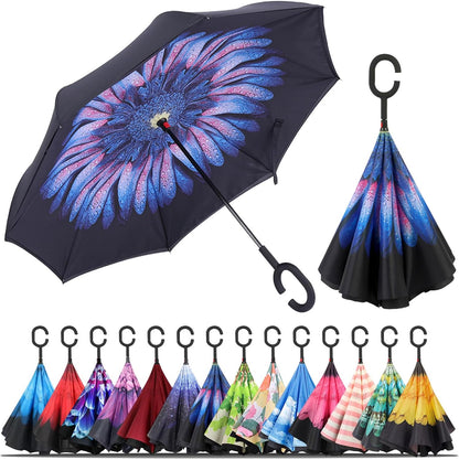 Windproof Inverted Umbrella, Large Reverse Umbrellas for Rain with C-Shaped Handle Big Upside down inside Out Umbrella for Women & Men