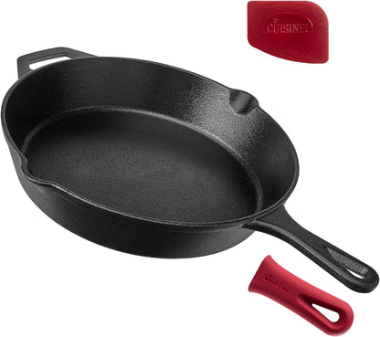 Cast Iron Skillet Set - 8"+10"+12"-Inch Dual Handle Frying Pans + Glass Lids + Silicone Handle Holder Covers - Pre-Seasoned Oven Safe Cookware - Indoor/Outdoor Use - Grill, Stovetop, Induction Safe