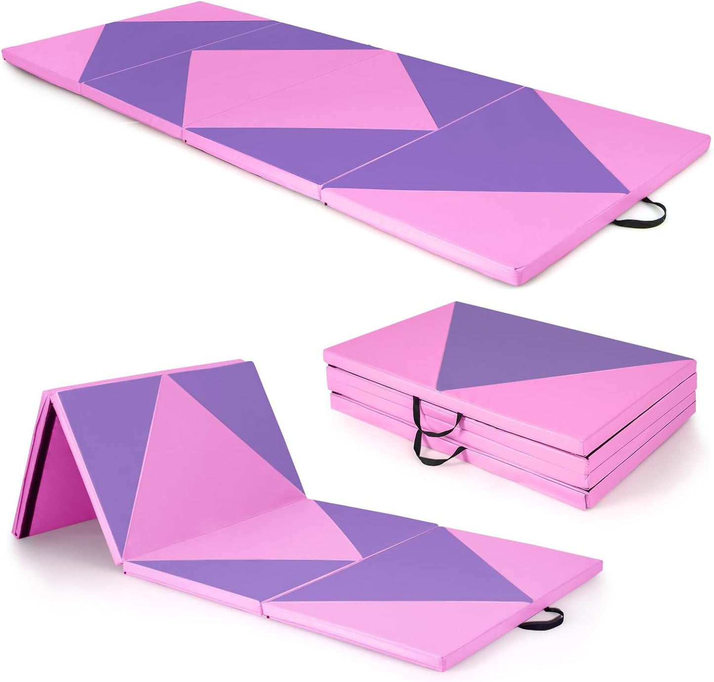 4'X10'X 2" Gymnastics Mat, 4-Panel Folding Aerobics Exercise Mat W/Hook & Loop Fastener, Carrying Handle, Portable Tumbling Mat for Stretching Yoga Cheerleading Martial Arts