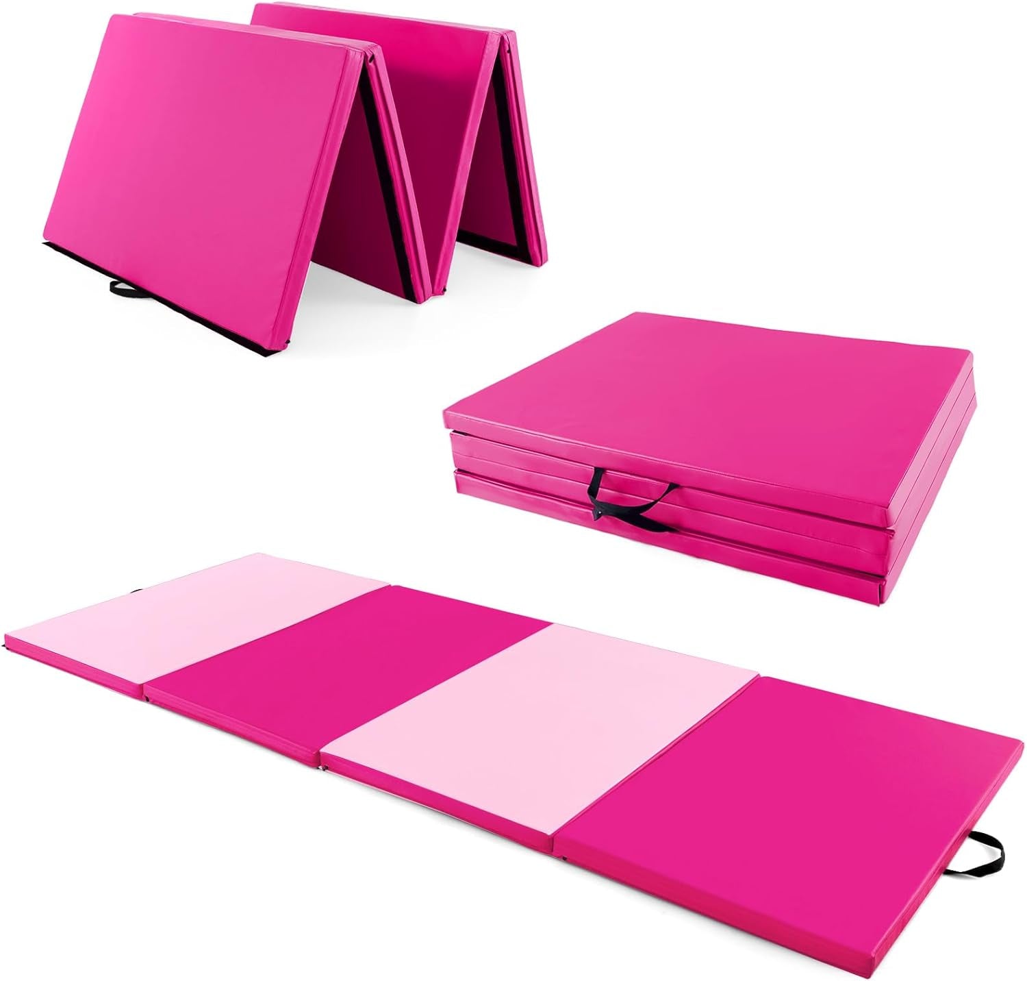 4'X10'X 2" Gymnastics Mat, 4-Panel Folding Aerobics Exercise Mat W/Hook & Loop Fastener, Carrying Handle, Portable Tumbling Mat for Stretching Yoga Cheerleading Martial Arts