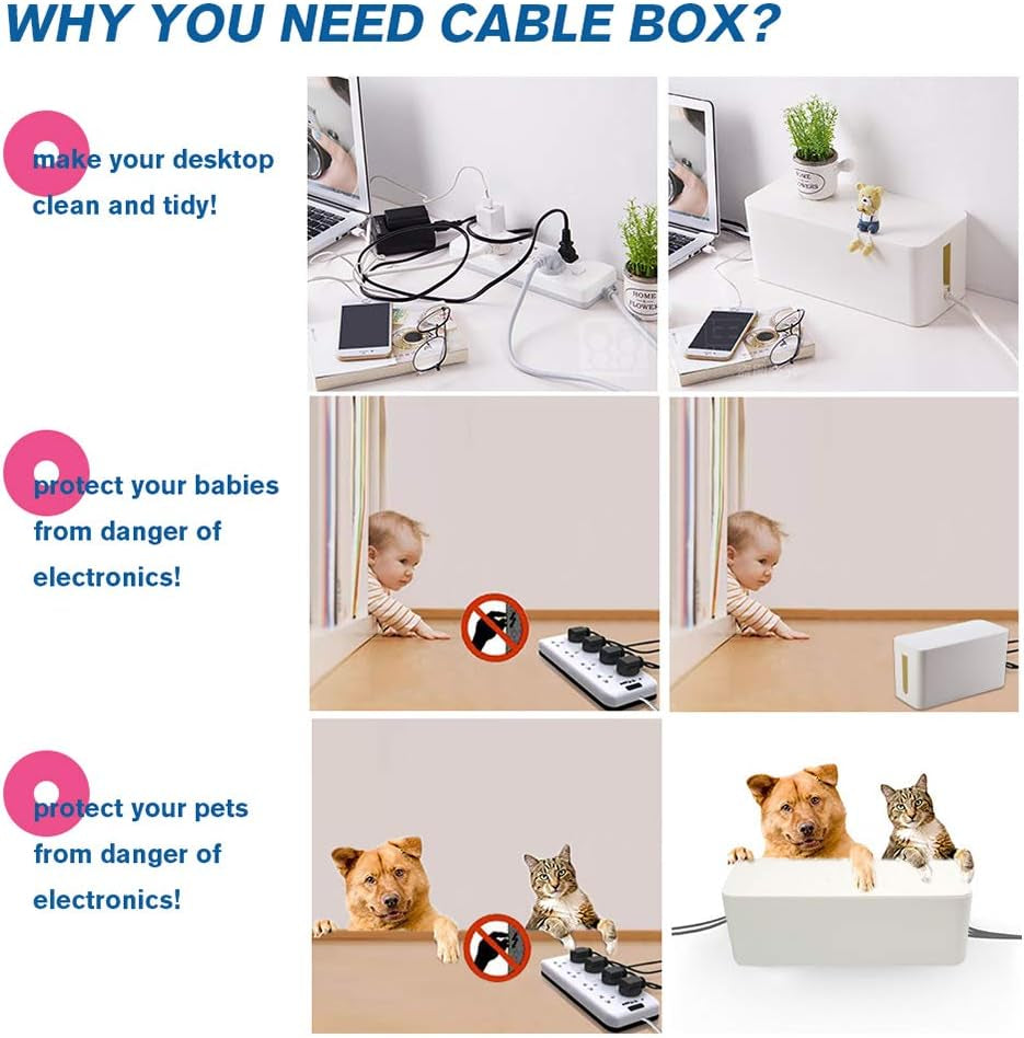 Cable Management Box Organizer, Pack of 2 Wire Concealer to Cover Hide Surge Protector & Power Strip on Desk Floor, with 5 Cord Fastening Tapes for Office, Home, Kitchen (Ice White)