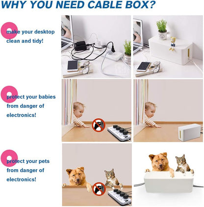Cable Management Box Organizer, Pack of 2 Wire Concealer to Cover Hide Surge Protector & Power Strip on Desk Floor, with 5 Cord Fastening Tapes for Office, Home, Kitchen (Ice White)