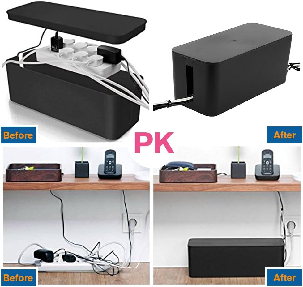 [Set of Three] Cable Management Boxes Organizer, Large Storage Wires Keeper Holder for Desk, TV, Computer, USB Hub, System to Cover and Hide & Power Strips & Cords (Black)