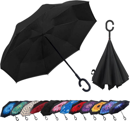 Windproof Inverted Umbrella, Large Reverse Umbrellas for Rain with C-Shaped Handle Big Upside down inside Out Umbrella for Women & Men