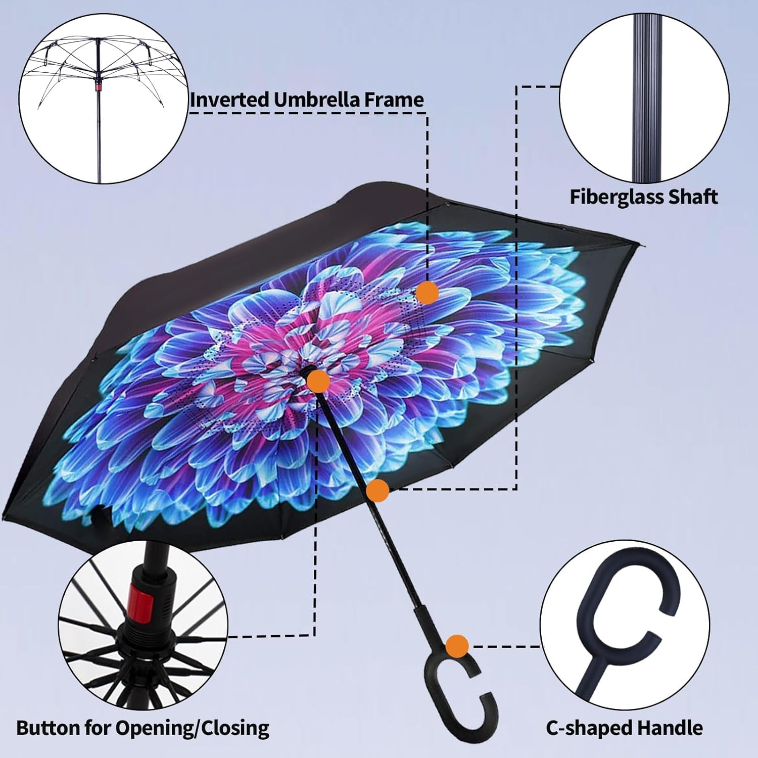Windproof Inverted Umbrella, Large Reverse Umbrellas for Rain with C-Shaped Handle Big Upside down inside Out Umbrella for Women & Men