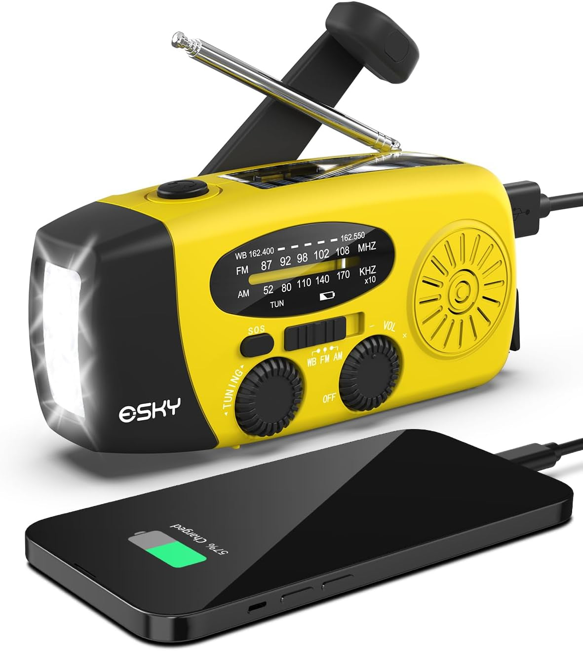 Emergency Hand Crank Radio 7400Mwh with 3 LED Flashlight, AM/FM/NOAA Portable Weather Radio with Power Bank Phone Charger, Solar Powered Rechargeable Radio for Indoor Survival Camping, SOS Alarm