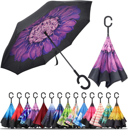 Windproof Inverted Umbrella, Large Reverse Umbrellas for Rain with C-Shaped Handle Big Upside down inside Out Umbrella for Women & Men