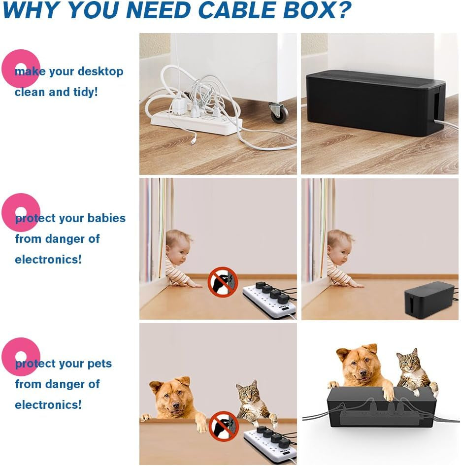 [Set of Three] Cable Management Boxes Organizer, Large Storage Wires Keeper Holder for Desk, TV, Computer, USB Hub, System to Cover and Hide & Power Strips & Cords (Black)