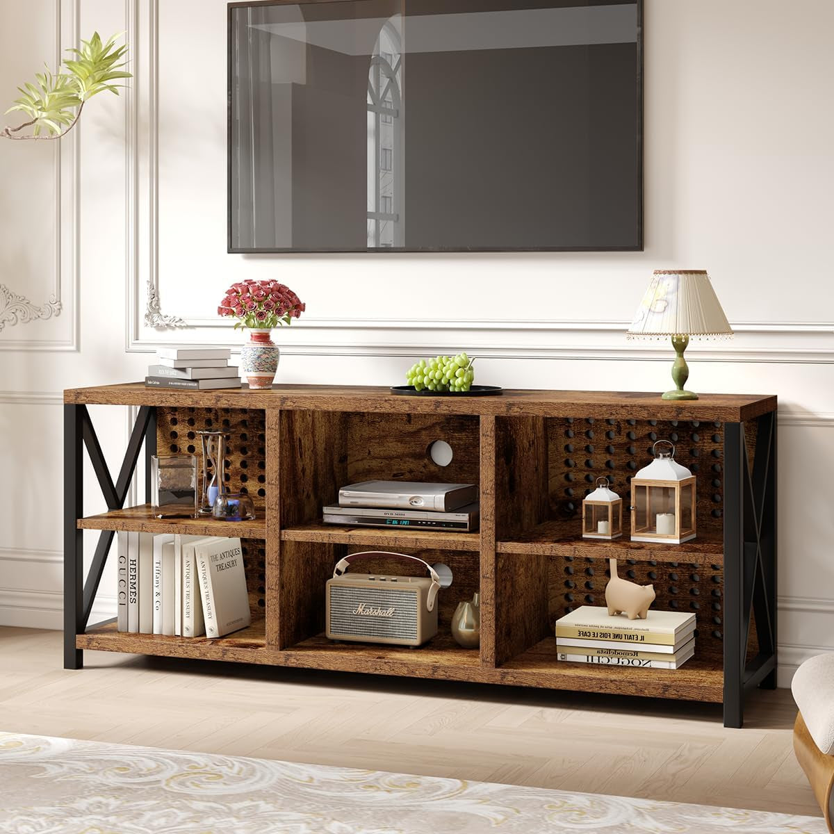 Rustic Entertainment Center for 65 Inch TV, Industrial Wood TV Stand with Media Cabinet Storage, Farmhouse Metal Television Stands Console Table for Home Living Bedroom, Light Grey Oak, 55 Inch