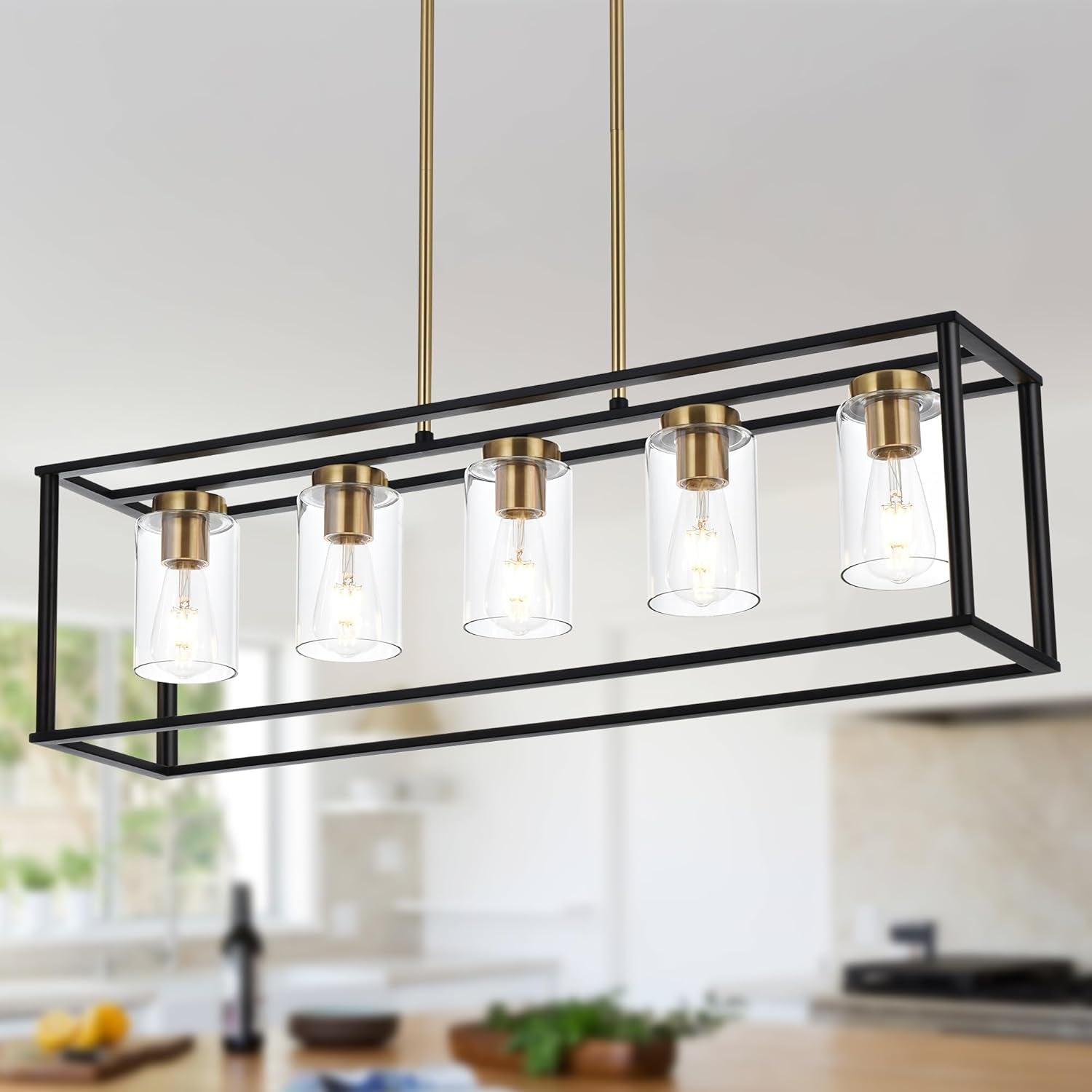 1 Light Farmhouse Pendant Lighting Black Cage Chandelier Glass Shade Contemporary Modern Kitchen Island Lights Fixtures Ceiling Hanging Dining Room Living Room