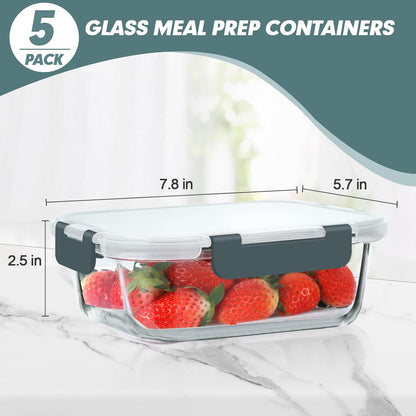 30 Oz 5 Pack Glass Meal Prep Containers, Glass Storage Containers with Lids - Dishwahser, Microwave, Oven and Freezer Safe