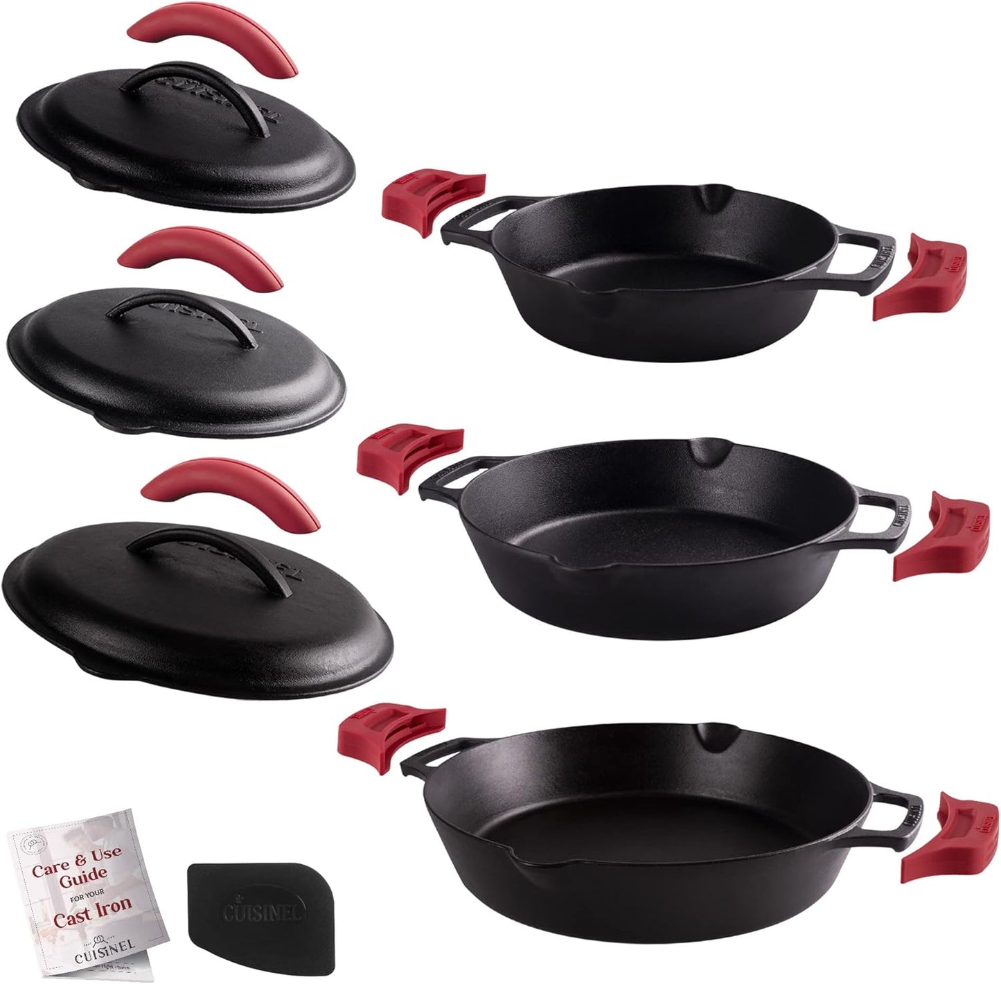Cast Iron Skillet Set - 8"+10"+12"-Inch Dual Handle Frying Pans + Glass Lids + Silicone Handle Holder Covers - Pre-Seasoned Oven Safe Cookware - Indoor/Outdoor Use - Grill, Stovetop, Induction Safe