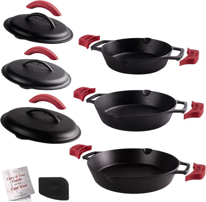 Cast Iron Skillet Set - 8"+10"+12"-Inch Dual Handle Frying Pans + Glass Lids + Silicone Handle Holder Covers - Pre-Seasoned Oven Safe Cookware - Indoor/Outdoor Use - Grill, Stovetop, Induction Safe